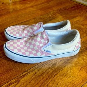Vans pink checkered canvas slip ons